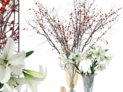 White Lilies And Red Berry Branches In Decorative Glass Vases For Indoor Decoration 3d model