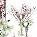 White Lilies And Red Berry Branches In Decorative Glass Vases For Indoor Decoration