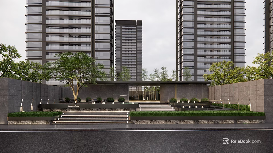 Modern Entrance Gate of High Rise Residential Building With Landscaped Garden and Stone Steps 3d model 