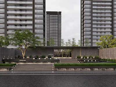Modern Entrance Gate of High Rise Residential Building With Landscaped Garden and Stone Steps 3d model