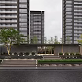 Modern Entrance Gate of High Rise Residential Building With Landscaped Garden and Stone Steps