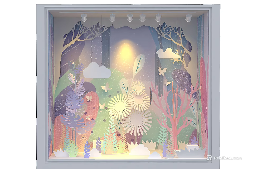 Enchanting Paper Art Window Display With Trees Clouds Butterflies And Flowers 3d model 