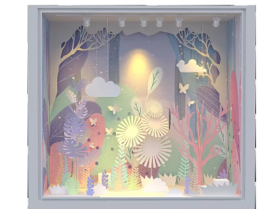 Enchanting Paper Art Window Display With Trees Clouds Butterflies And Flowers 3d model