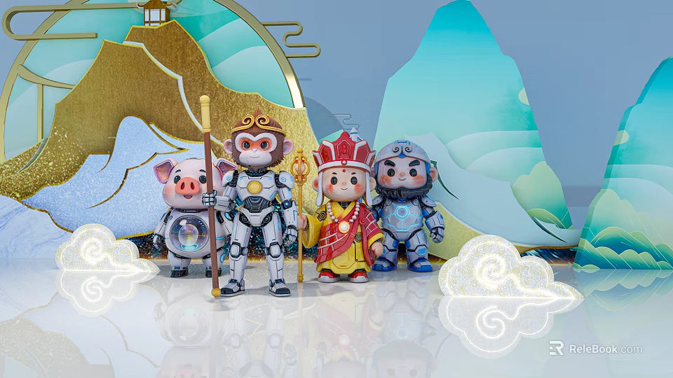 Classical Mythological Robot Style Decorative Ornament Set With Mountain Cloud Background And Figurines 3d model 