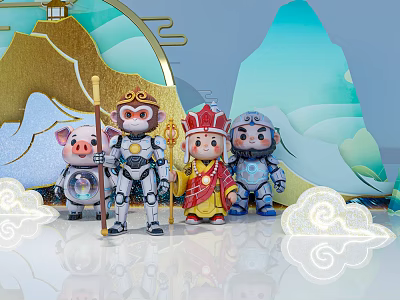 Classical Mythological Robot Style Decorative Ornament Set With Mountain Cloud Background And Figurines 3d model
