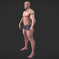 Muscular Bald Man 3D Model Standing in Blue Shorts and Bare Torso