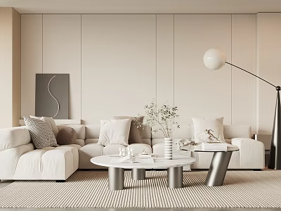 Modern Living Room With White Sectional Sofa Pillows Coffee Table Floor Lamp And Plants 3d model