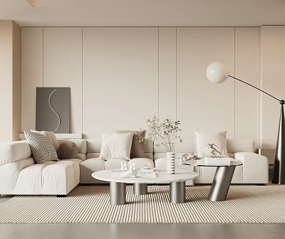 Modern Living Room With White Sectional Sofa Pillows Coffee Table Floor Lamp And Plants 3d model