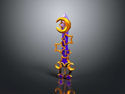 Fantasy Weapon with Purple and Gold Moon Shaped Top and Decorative Long Handle Design 3d model