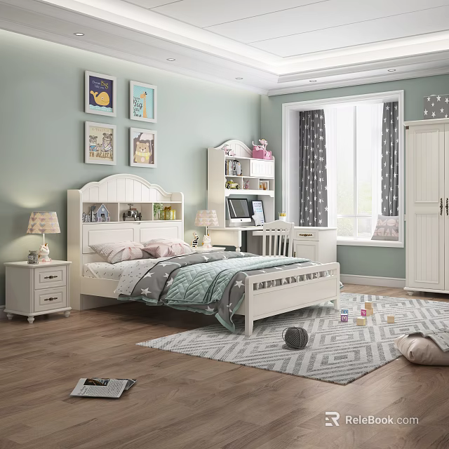 Kids Room Interior With White Bed Bookshelf Desk Toys And Rug 3d model 