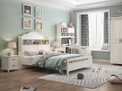 Kids Room Interior With White Bed Bookshelf Desk Toys And Rug 3d model