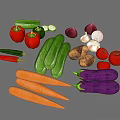 Fresh Assorted Vegetables Display With Carrots Cucumbers Red Peppers Eggplants Tomatoes Potatoes Onions And Garlic