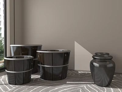 Specialty Store Displaying Black Barrels And Vases With Modern Interior Setup 3d model