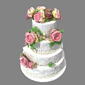 Three Tiered White Cake Decorated With Pink Roses And Sliced Section Showing Layers And Cream