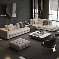 Modern Light Gray L-shaped Sofa and Coffee Table Set with Ottoman and Geometric Accent Wall