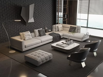 Modern Light Gray L-shaped Sofa and Coffee Table Set with Ottoman and Geometric Accent Wall 3d model