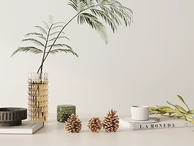 Elegant Decorative Ornament Set With Woven Vase Plant Pine Cones Candle And Book On White Table 3d model