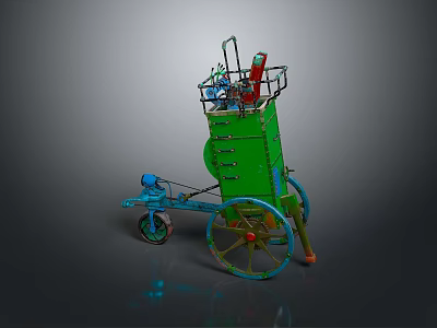 Vintage Green Cart With Large Wheels Blue Frame And Top Basket Holding Tools Orange Elements 3d model