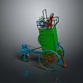 Vintage Green Cart With Large Wheels Blue Frame And Top Basket Holding Tools Orange Elements