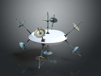 Satellite Dishes And Stands Arranged On White Circular Table Setup 3d model