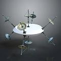 Satellite Dishes And Stands Arranged On White Circular Table Setup 3d model
