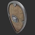 Ancient Shield Weapon With Metal Rim Wooden Leather Surface And Triangular Reinforcements
