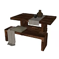 Rustic Wooden Dining Table Set With Matching Bench Green Cushion Gray Throw And Decorative Vases 3d model