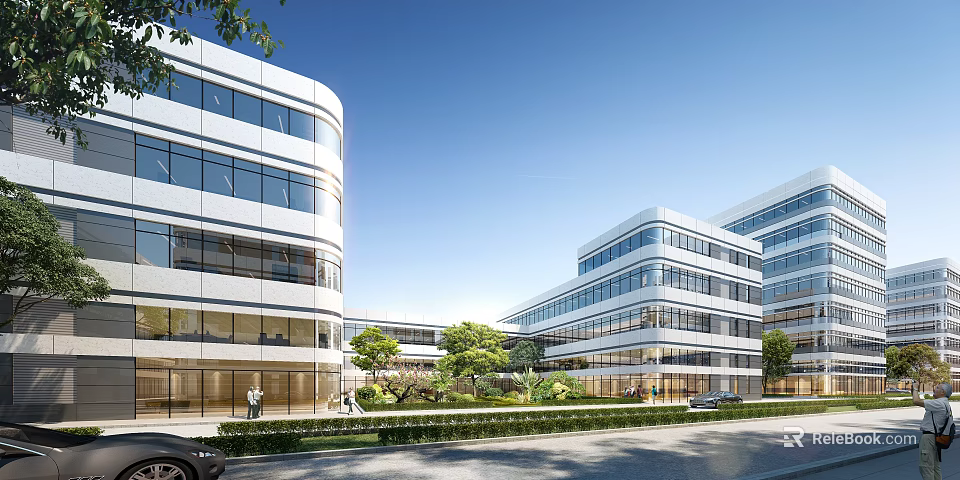 Modern Office Buildings With Glass Facades And Landscaping 3d model 