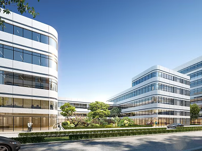 Modern Office Buildings With Glass Facades And Landscaping 3d model