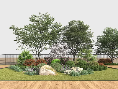 Lush Shrubs in Outdoor Garden with Green Lawn Rocks Trees and Wooden Deck Railing 3d model