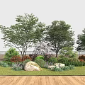 Lush Shrubs in Outdoor Garden with Green Lawn Rocks Trees and Wooden Deck Railing