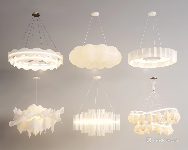 Various Modern White Chandeliers with Cloud Geometric and Petal Shaped Designs for Home Interior 3d model 