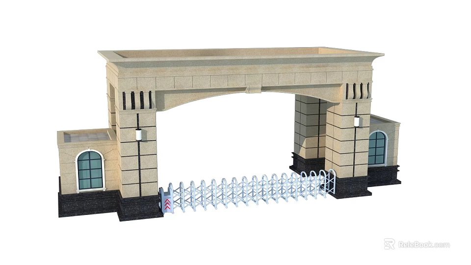 Classical Entrance Gate Architecture With Stone Arched Design Columns And White Retractable Gate 3d model 