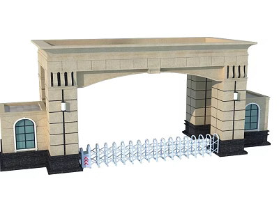 Classical Entrance Gate Architecture With Stone Arched Design Columns And White Retractable Gate 3d model