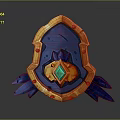 3D Rendered Orange Blue Shield With Central Green Red Gemstone And Shiny Decorative Edges