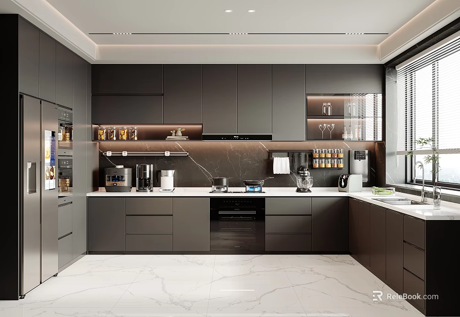 Modern Kitchen Interior Design With Dark Cabinets Marble Countertops Appliances And Bright Window Lighting 3d model 
