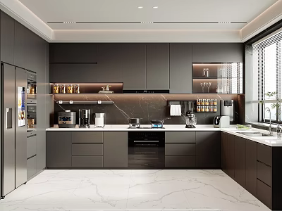 Modern Kitchen Interior Design With Dark Cabinets Marble Countertops Appliances And Bright Window Lighting 3d model