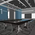 Modern Conference Room Interior With Blue Walls Long Table Black Chairs And Large Screen