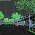 Vibrant Commercial Street with Pedestrians Walking Lined with Trees and Modern Storefronts Under Evening Illumination