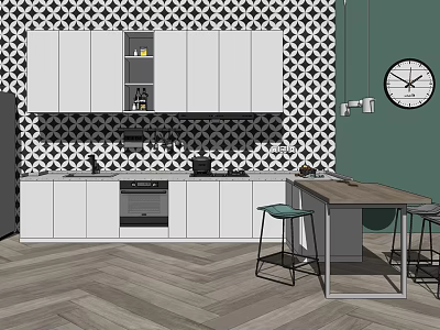 White Kitchen Cabinets with Black and White Geometric Tile Backsplash Green Wall and Herringbone Floor 3d model