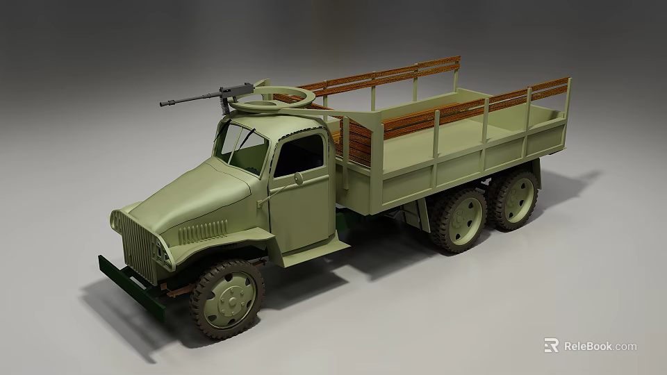 Vintage Military Utility Vehicle With Open Cargo Bed Wooden Railings And Machine Gun 3d model 