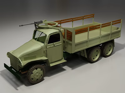 Vintage Military Utility Vehicle With Open Cargo Bed Wooden Railings And Machine Gun 3d model