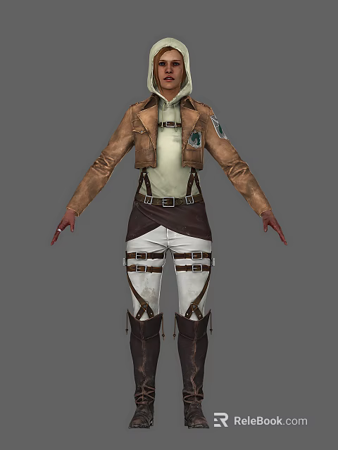Woman In Brown Leather Jacket With White Top Brown Belts White Pants And Boots 3d model 