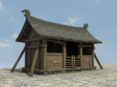 Ancient Traditional Wooden Building With Sloped Roof Ornamental Figures And Stone Base 3d model