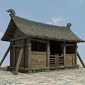 Ancient Traditional Wooden Building With Sloped Roof Ornamental Figures And Stone Base