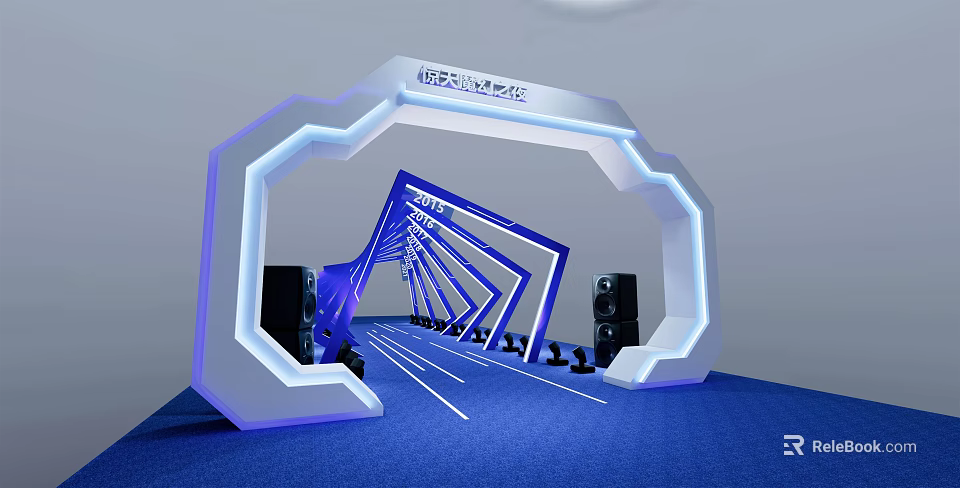 Aerospace Theme Exhibition Hall With Arch Structure Blue Lighting And Speakers 3d model 