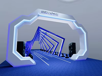Aerospace Theme Exhibition Hall With Arch Structure Blue Lighting And Speakers 3d model
