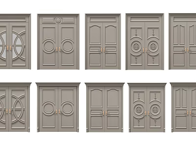 Various Decorative Gray Double Doors With Ornate Patterns And Golden Handles 3d model