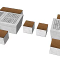 Outdoor Concrete Table And Chair Set With Grid Patterns And Wooden Tops
