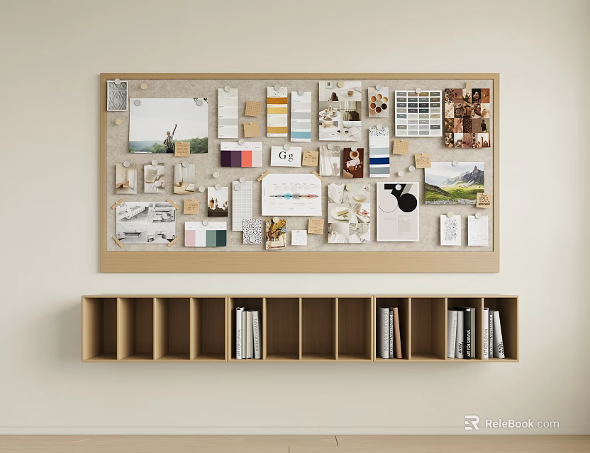 Photo Wall with Various Pictures Notes and Art Prints and Wooden Shelf with Books Below 3d model 